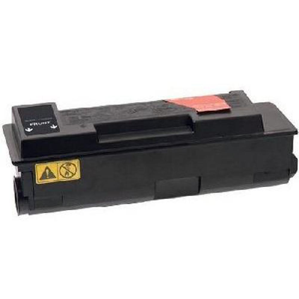 Cartuccia toner per stampante nera con etichetta rossa sulla parte superiore. Ha simboli di avvertimento e testo che indica il fronte.