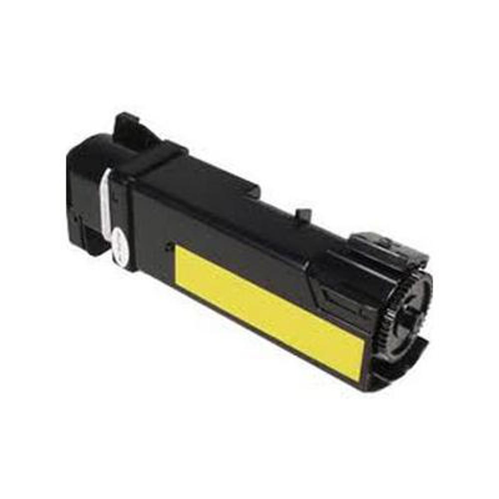 Una cartuccia toner nera con etichetta gialla su sfondo bianco.