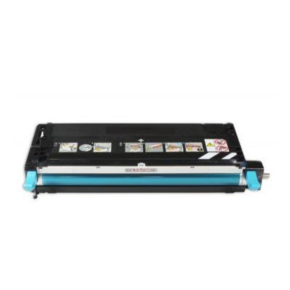 Una cartuccia toner per stampante. È nera e ha un rullo blu. Ci sono diverse etichette di avvertimento in alto.