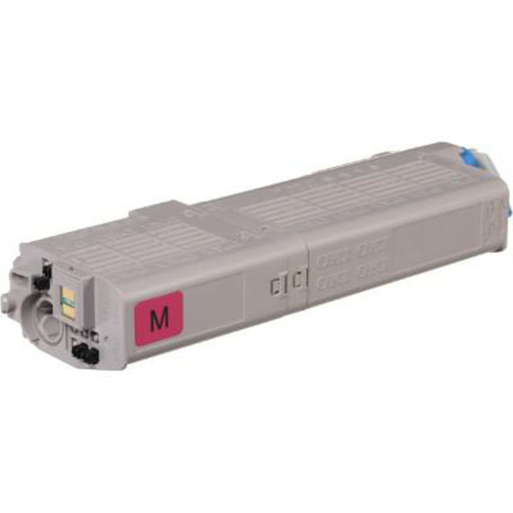 Una cartuccia toner grigia con etichetta 'M' magenta. Ha componenti blu e neri, su sfondo bianco.