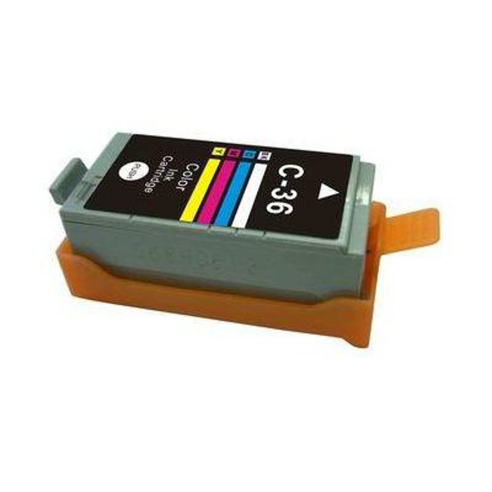 Una cartuccia d'inchiostro etichettata C-36, con barre colorate e la scritta 'Color Ink Cartridge'. Si trova su un supporto arancione.