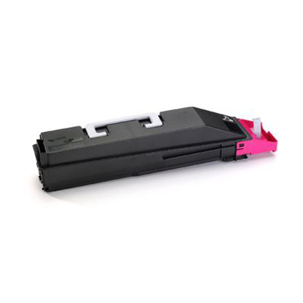 Una cartuccia di toner nera con manico bianco ed estremità rosa, isolata su sfondo bianco.