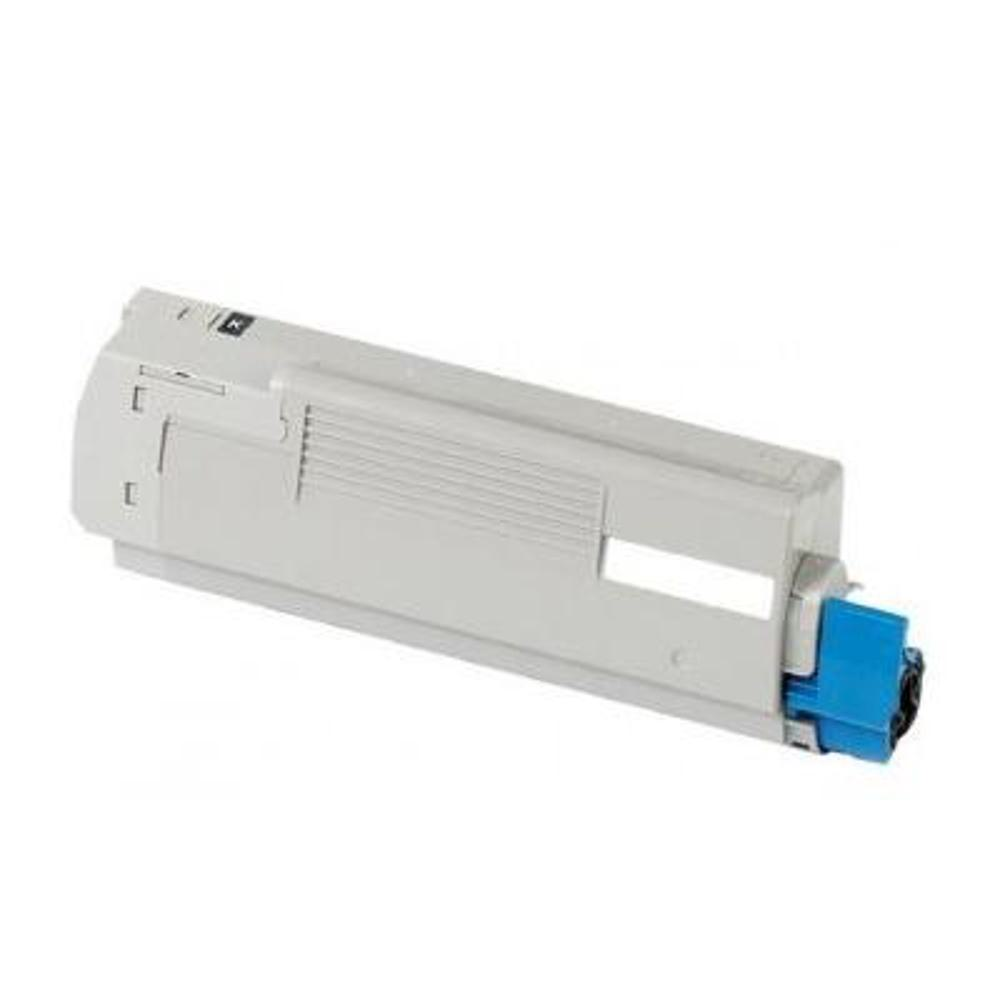 Una cartuccia toner grigia con un componente blu all'estremità, su sfondo bianco.