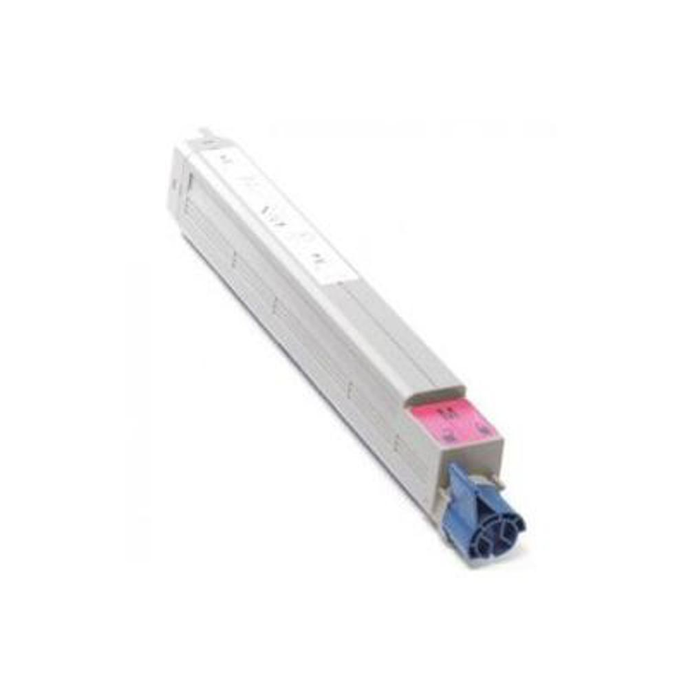 Una cartuccia per stampante grigia e rosa con un ugello blu. La cartuccia è angolata su uno sfondo bianco.