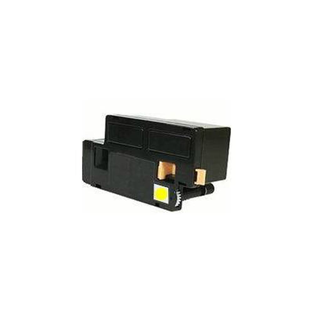 Una cartuccia di toner nera con etichetta gialla isolata su sfondo bianco.
