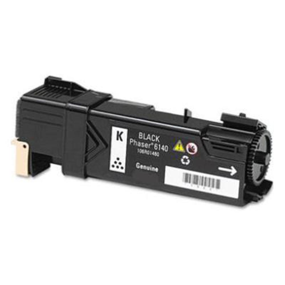 Una cartuccia toner nera con etichette. Il testo dice 'Black Phaser 6140'. Una freccia bianca indica la direzione. Lo sfondo è bianco.