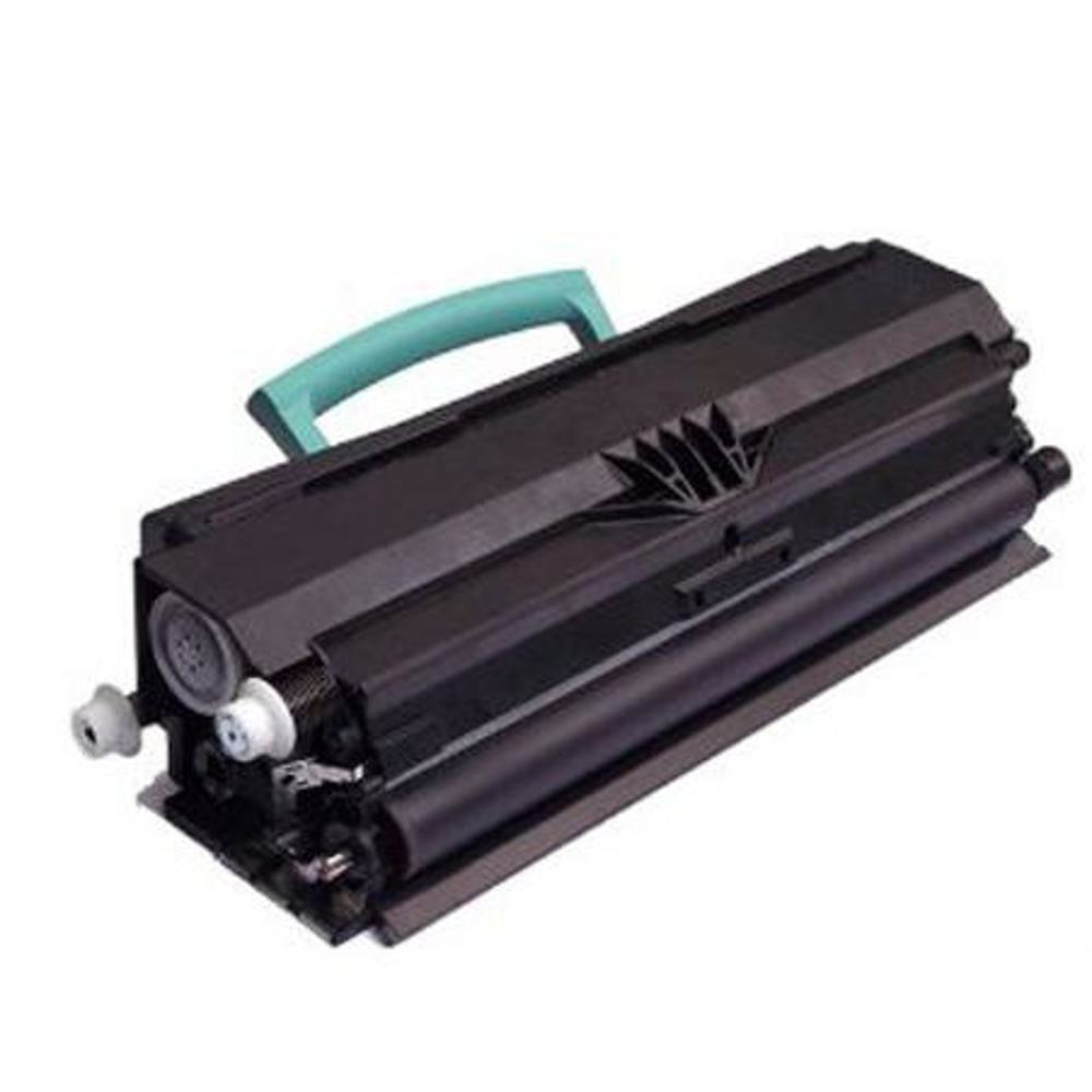 Una cartuccia di toner per stampante nera con maniglia verde acqua. La cartuccia è rettangolare con componenti cilindrici visibili.
