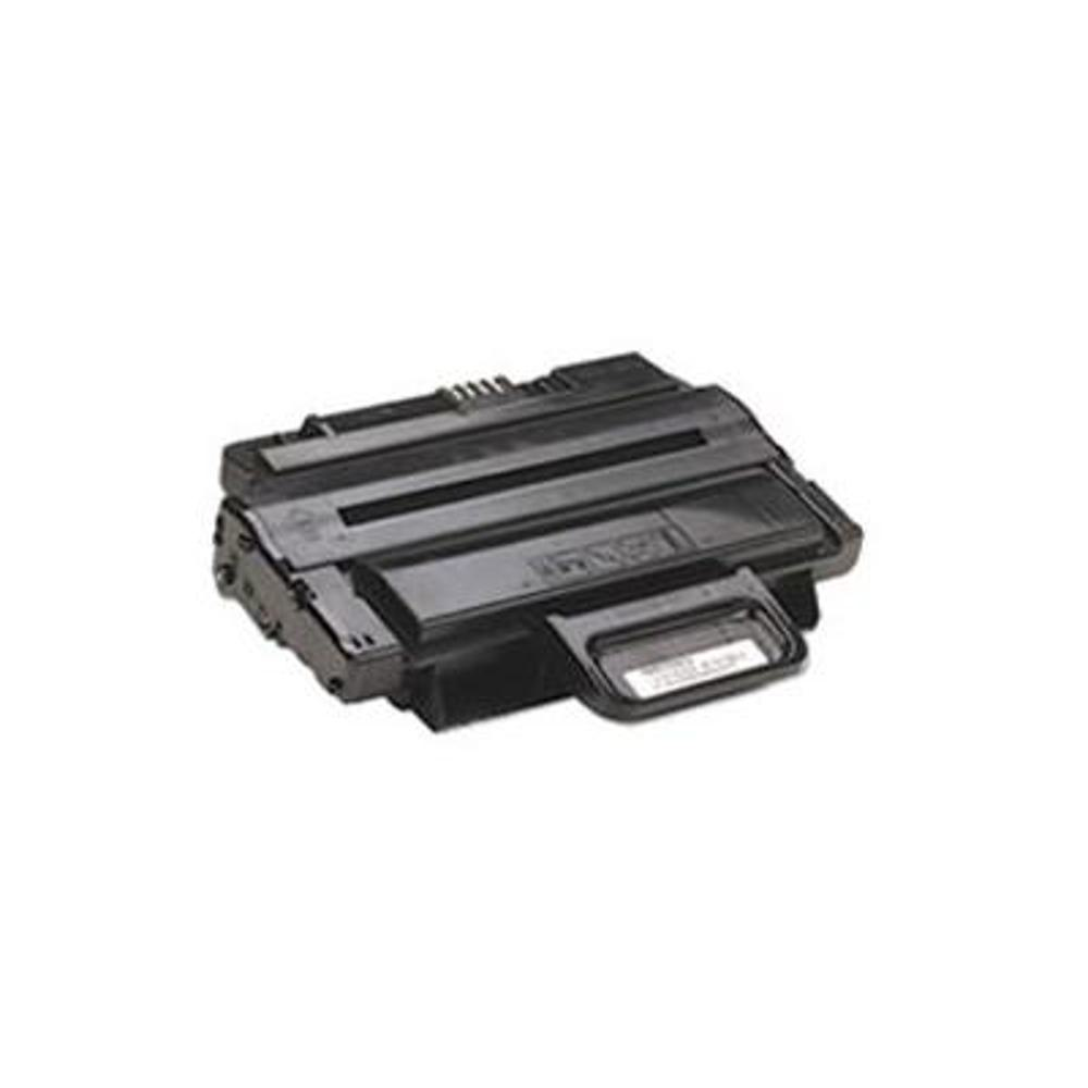 Una cartuccia toner nera per stampante su sfondo bianco. Ha una maniglia e vari dettagli meccanici visibili.