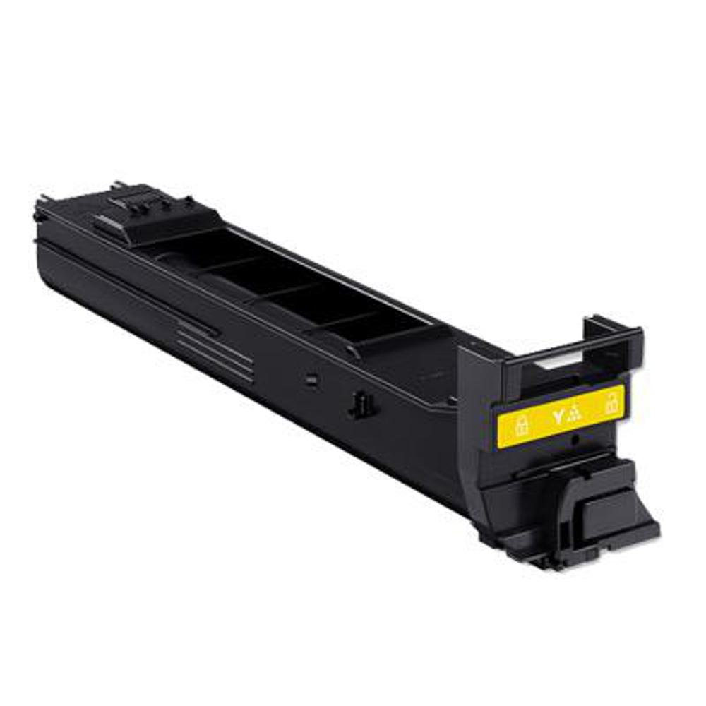 Una cartuccia di toner per stampante nera. Ha un'etichetta gialla con testo e simboli. La cartuccia è su sfondo bianco.