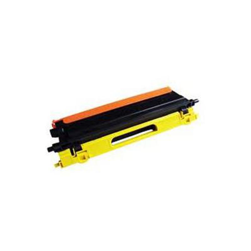 Una cartuccia di toner per stampante gialla, nera e arancione si trova su uno sfondo bianco. La cartuccia è rettangolare con una fessura.