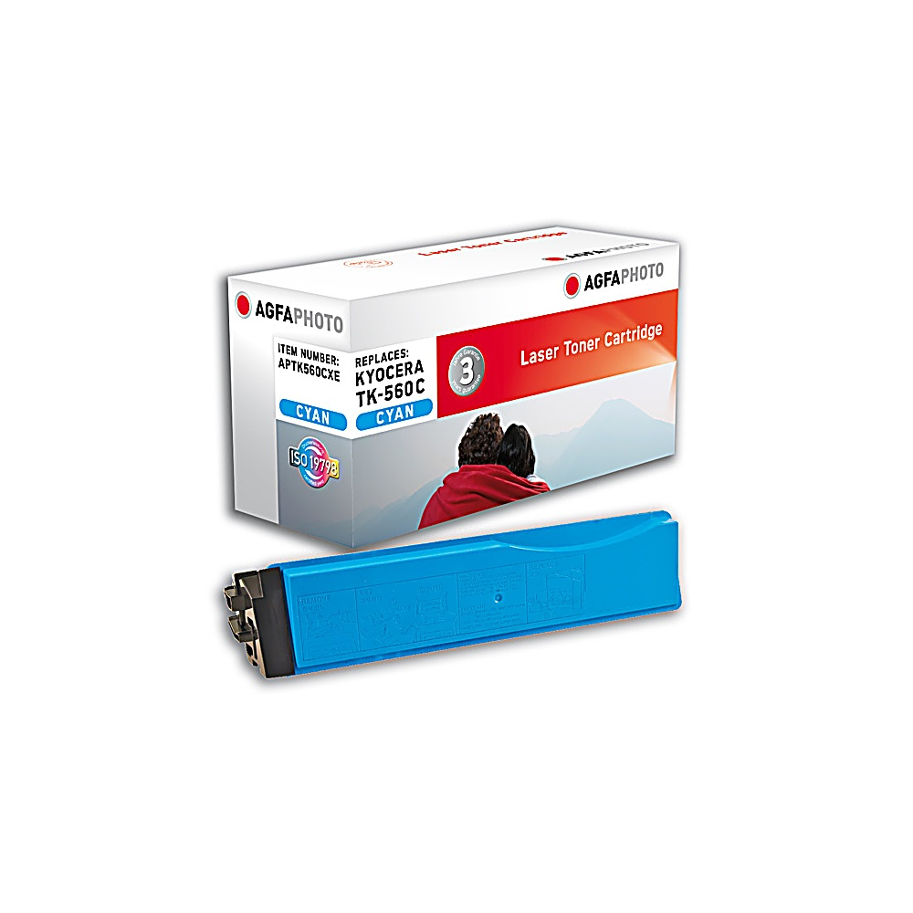 Sono mostrati una scatola e una cartuccia di toner laser ciano. La scatola ha il logo AGFA PHOTO e la cartuccia è blu.