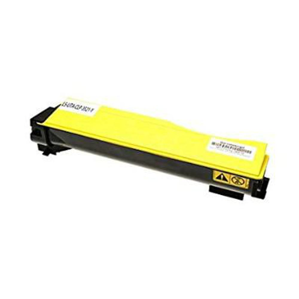 Una cartuccia di toner gialla e nera. Ha etichette e un simbolo di avvertimento sul fronte.