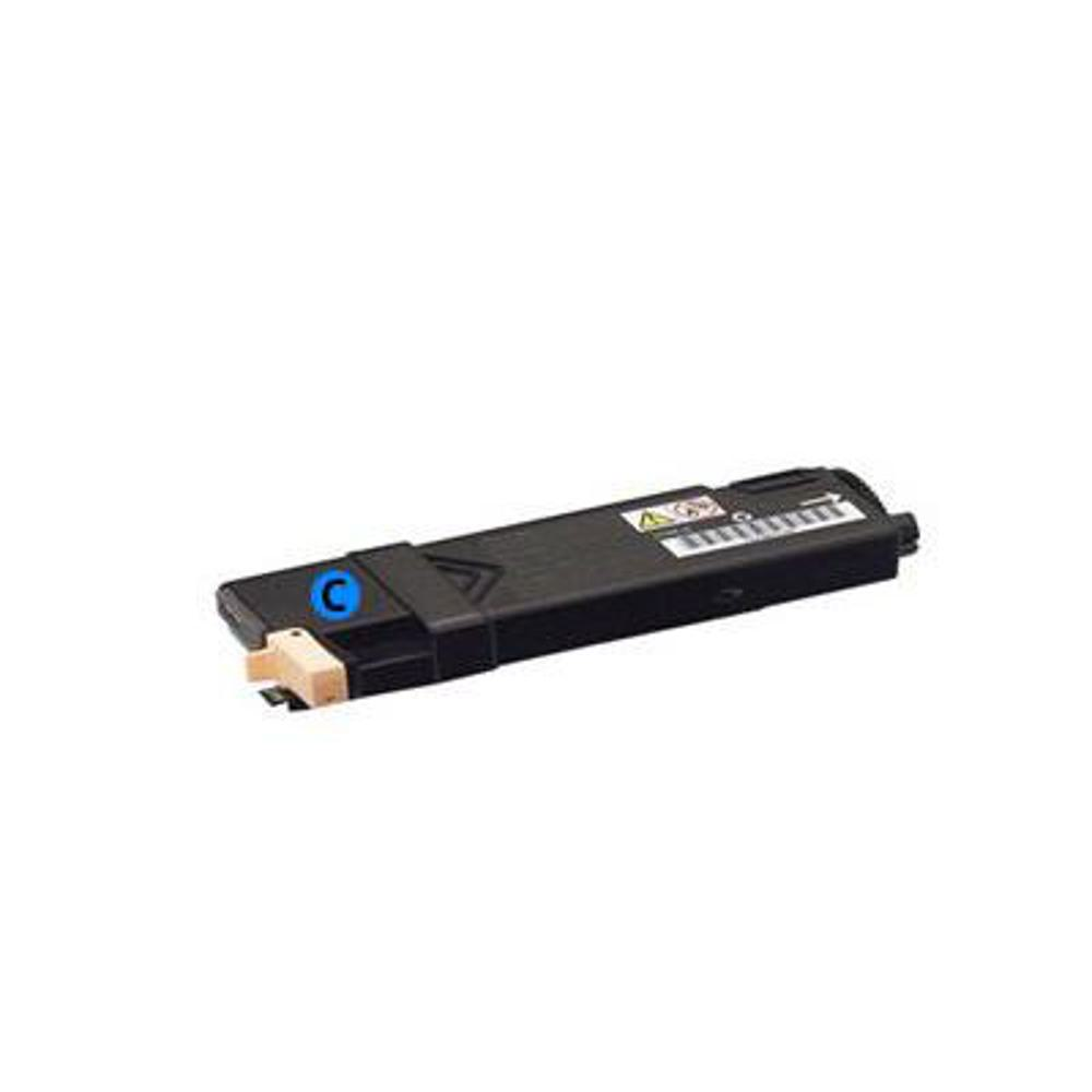 Una cartuccia di toner per stampante nera con un marchio 'C' blu e un connettore beige, su sfondo bianco.