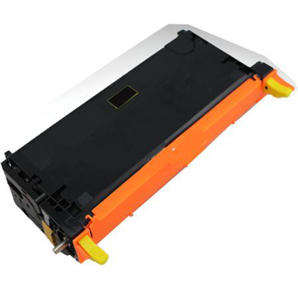 Una cartuccia toner per stampante nera e arancione. Ha leve gialle sui lati. Lo sfondo è bianco.