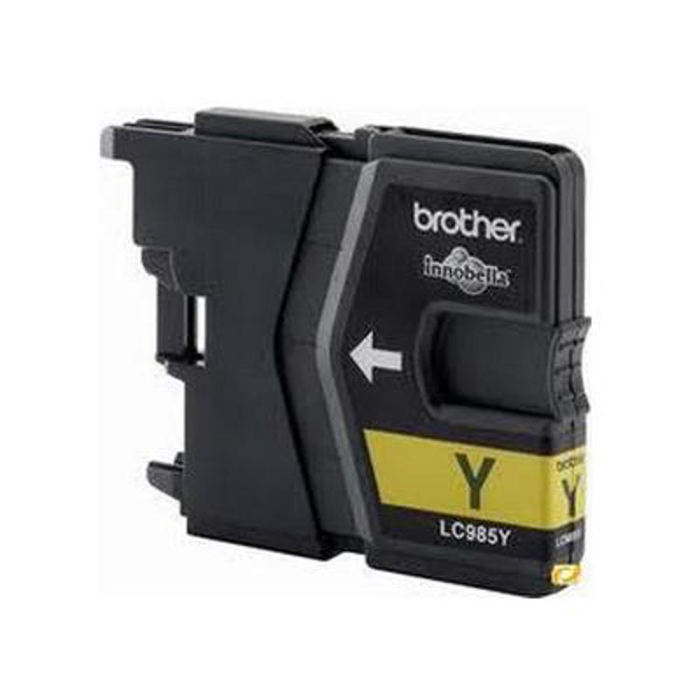Una cartuccia di inchiostro giallo Brother. È stampato con 'Y' e 'LC985Y'. La cartuccia è nera con un'etichetta gialla.