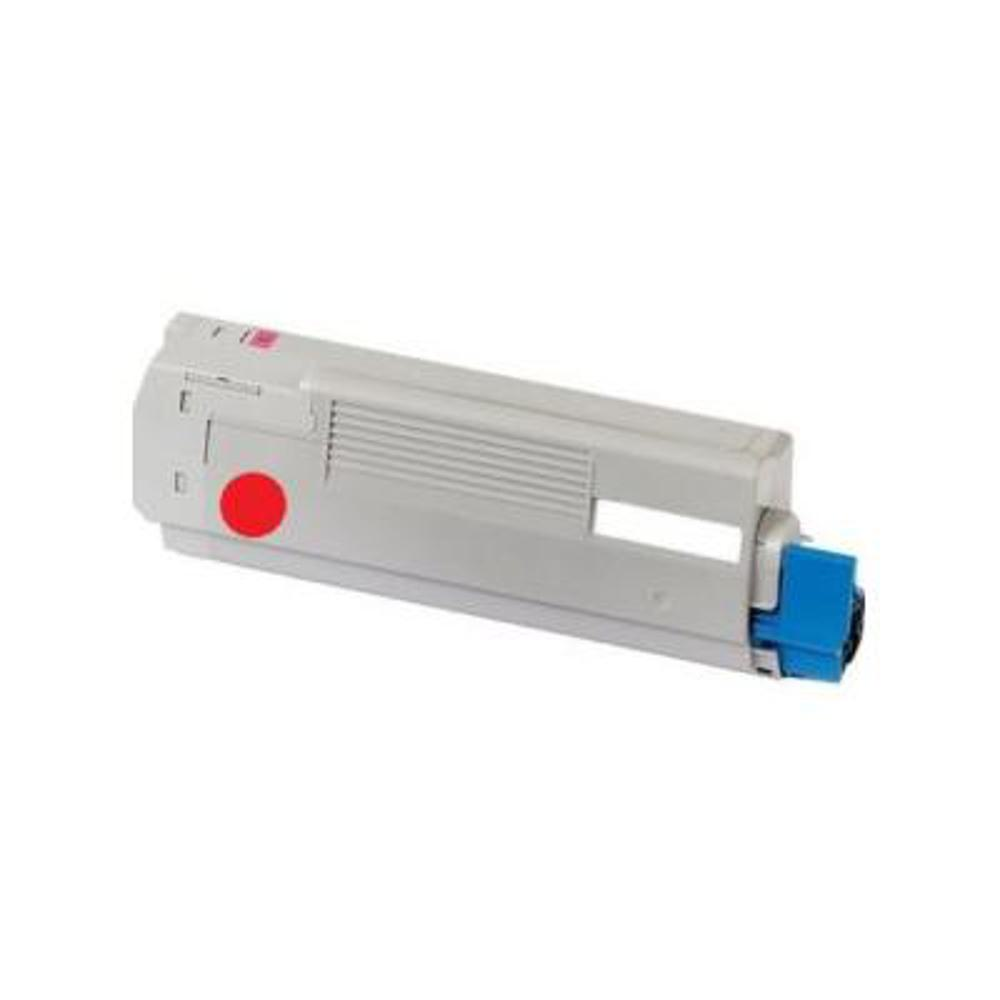 Una cartuccia toner grigia con un cerchio rosso e un componente blu su sfondo bianco.