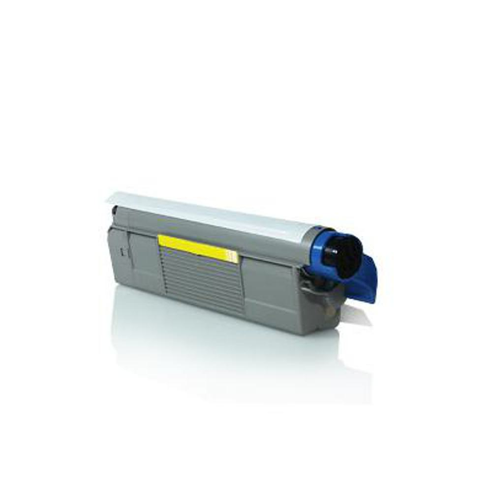 Una cartuccia di toner per stampante grigia e bianca con una striscia gialla, un componente blu e un'apertura nera, su sfondo bianco.