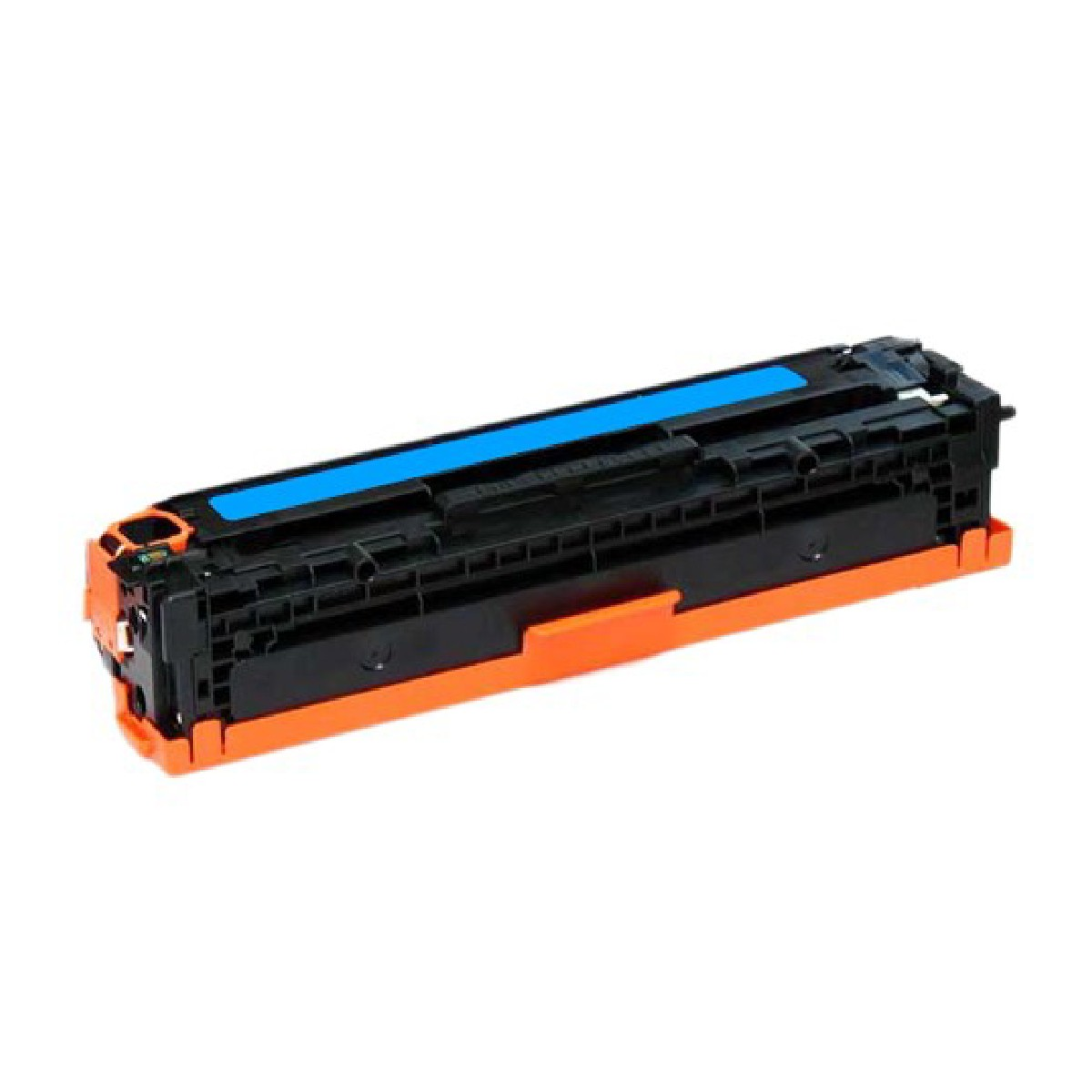 Una cartuccia toner per stampante. È nera e arancione con una striscia blu brillante sulla parte superiore. Lo sfondo è bianco.