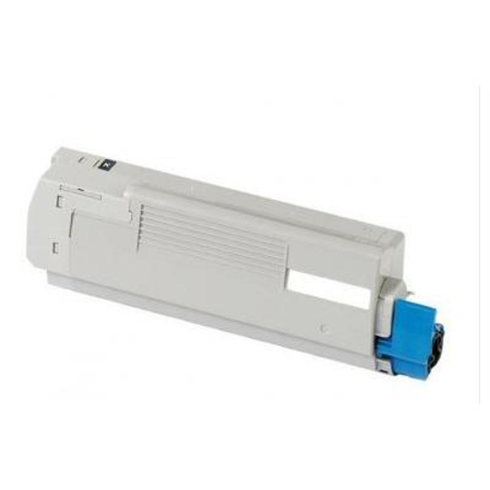 Una cartuccia toner grigia con un componente blu a destra. È su sfondo bianco.