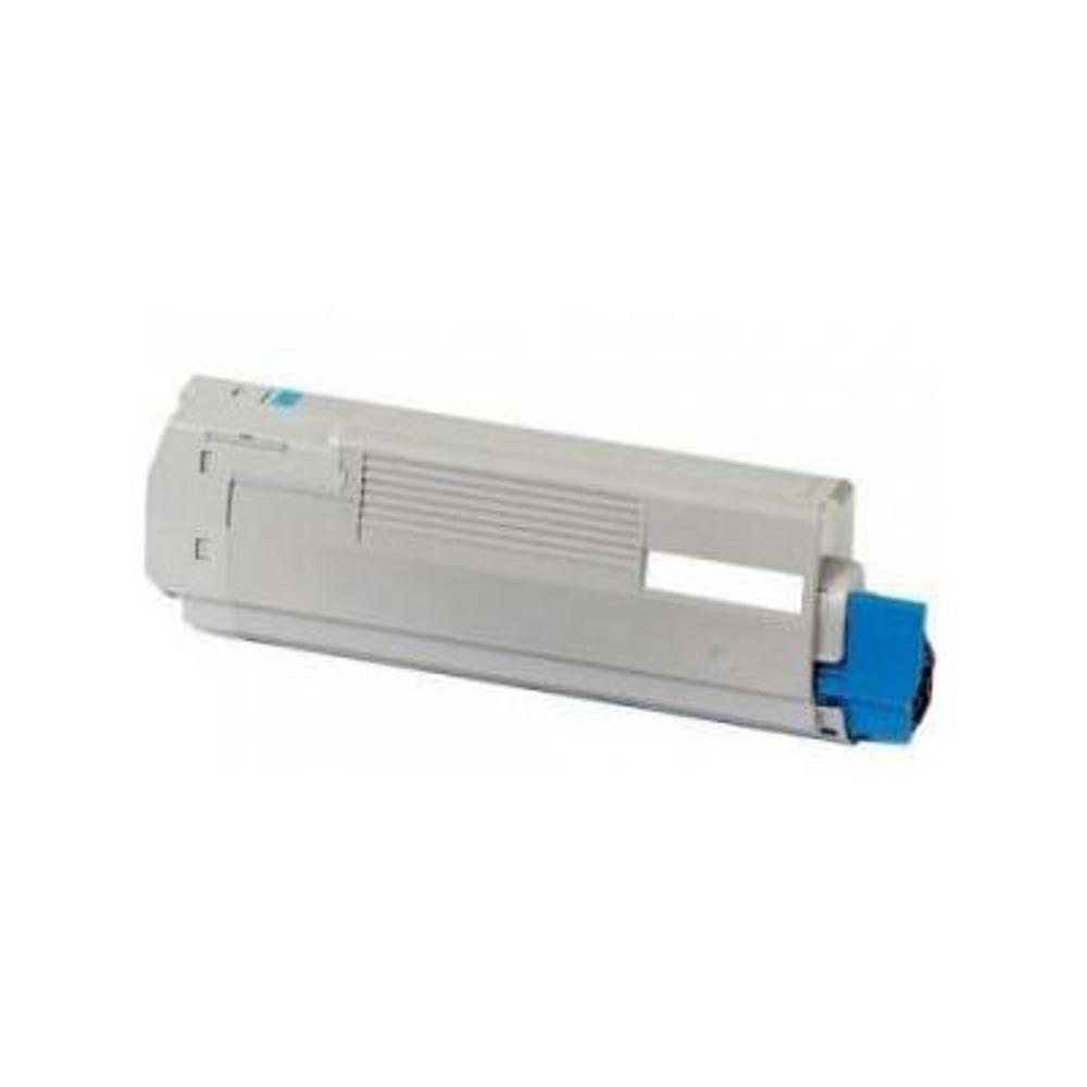 Una cartuccia di toner per stampante grigio chiaro con una sezione blu a destra. È su uno sfondo bianco.