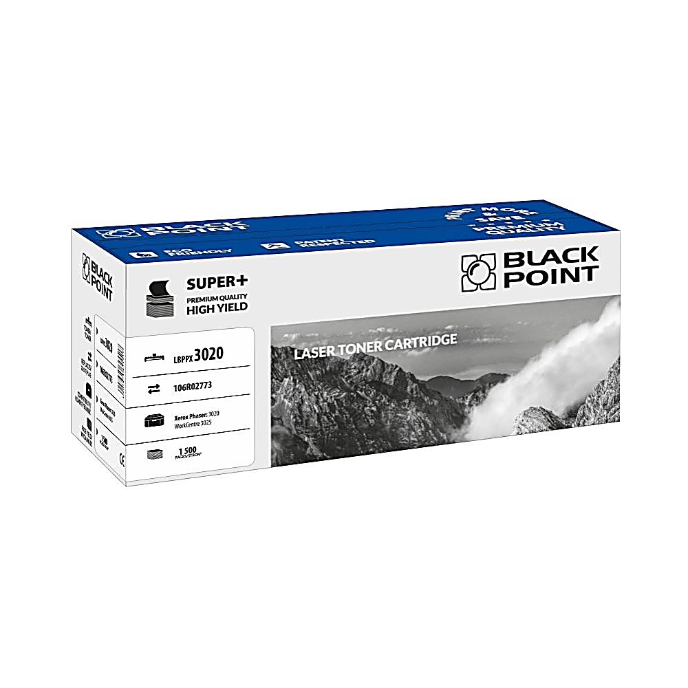 Pudełko z tonerem laserowym Black Point. Zawiera tekst 'SUPER+' i 'HIGH YIELD'. Pudełko prezentuje obraz gór.