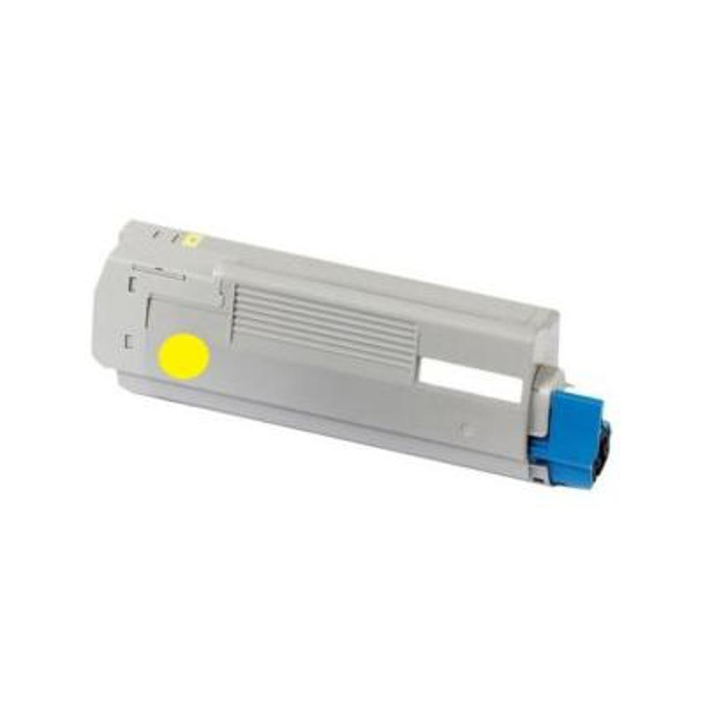 Una cartuccia di toner grigia con un adesivo giallo. Ha un componente blu sul lato destro e uno sfondo bianco.