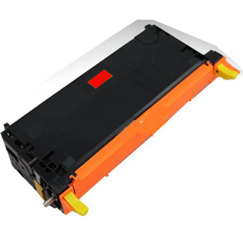 Una cartuccia toner nera e arancione con un adesivo rosso sopra e leve di rilascio gialle alle estremità.