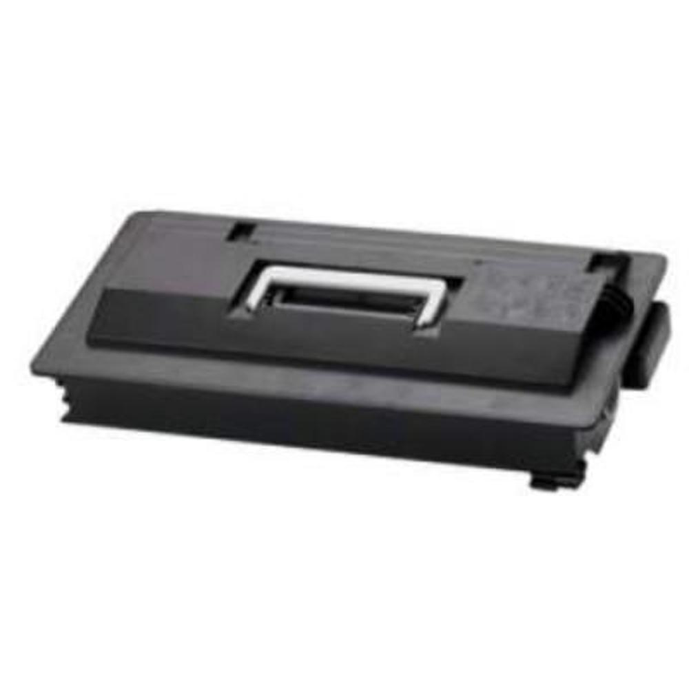Una cartuccia di toner nera con manico argentato su sfondo bianco.