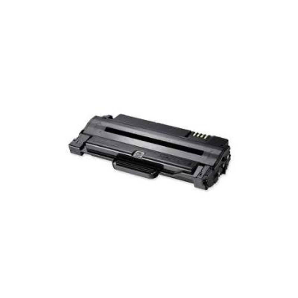 Una cartuccia toner nera su sfondo bianco. È rettangolare con diverse parti e dettagli.