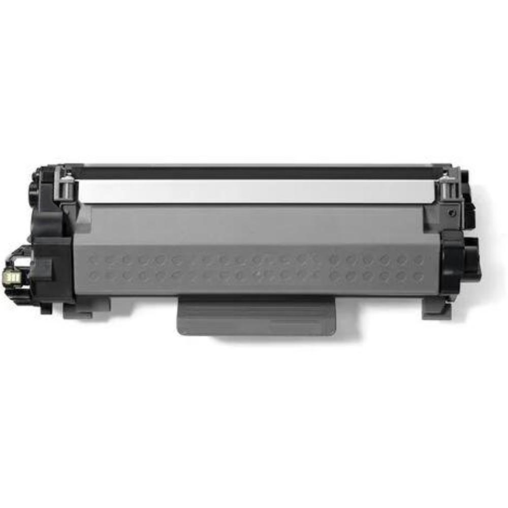 Una cartuccia di toner per stampante grigia e nera, posizionata orizzontalmente su una superficie bianca. Ha un design complesso con vari componenti.