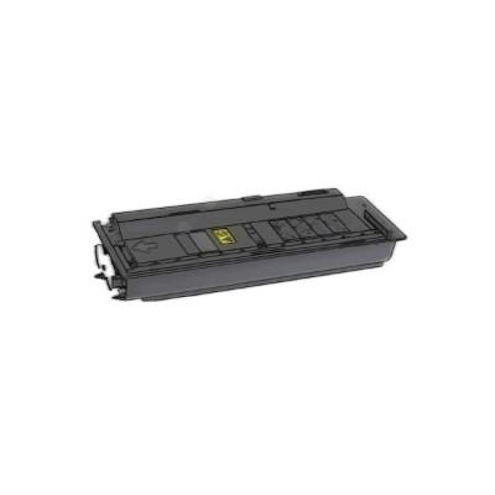 Una cartuccia di toner nera per stampante su sfondo bianco. La cartuccia è rettangolare con alcuni segni gialli.