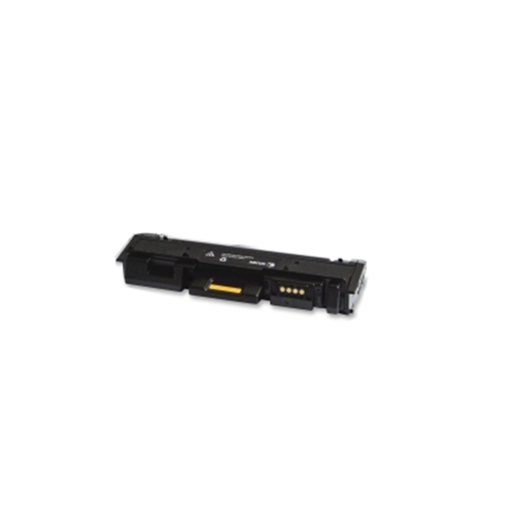 Una cartuccia di toner nera per stampante su sfondo bianco. Ha un componente giallo e quattro punti oro.
