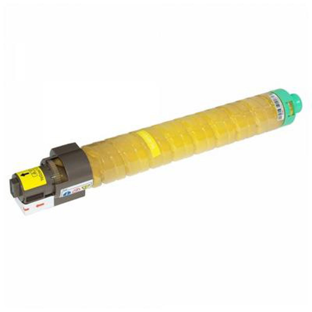 Una cartuccia toner gialla con un tappo verde e un connettore grigio su sfondo bianco.