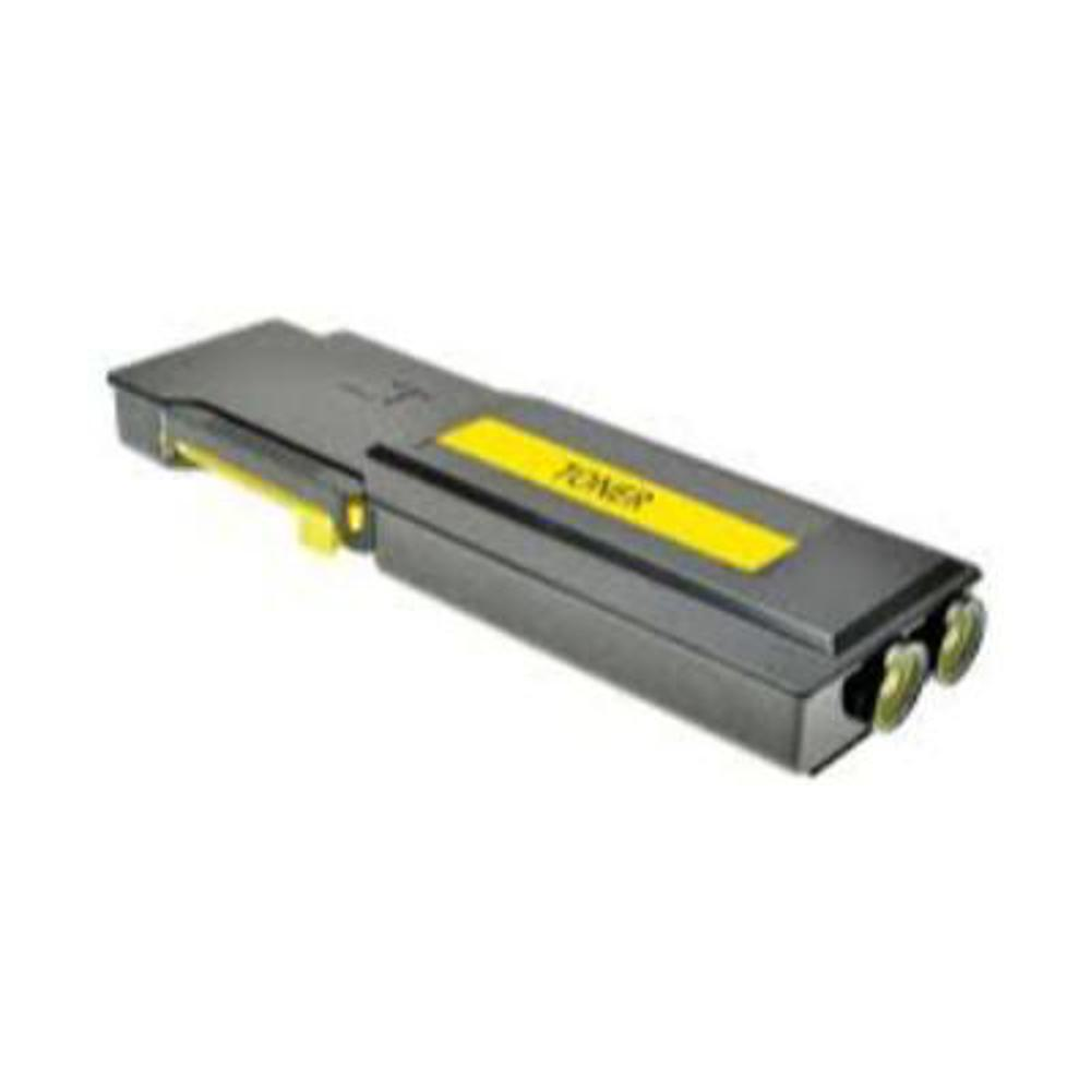Una cartuccia toner per stampante nera con un'etichetta gialla con la scritta 'TONER'. Ha una parte gialla e due piccoli fori circolari.
