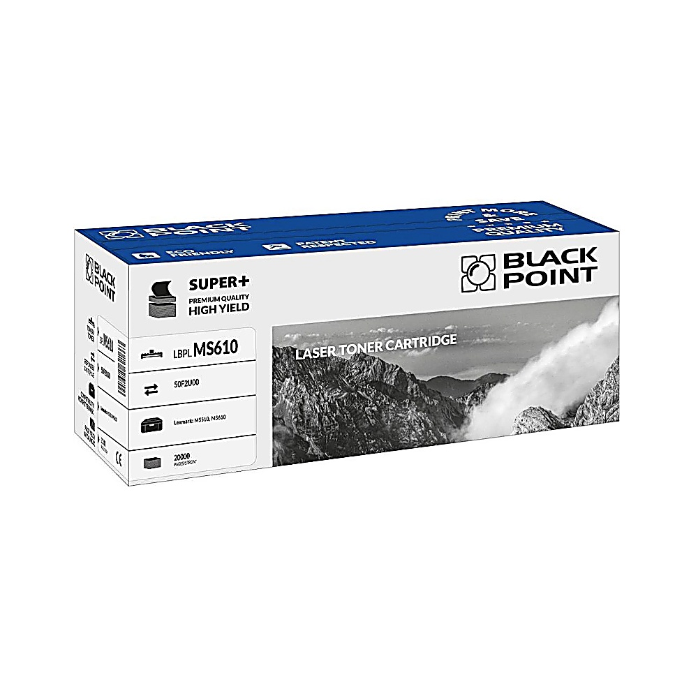 Une boîte de cartouche de toner laser Black Point, avec le texte 'LBPL MS610' et une image de montagne. La boîte est blanche et bleue.