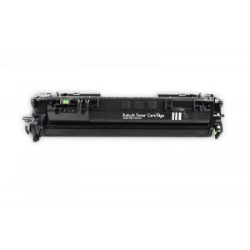 Una cartuccia toner nera, con l'etichetta 'Rebuilt Toner Cartridge', su sfondo bianco. Ha una serie di linee verticali.