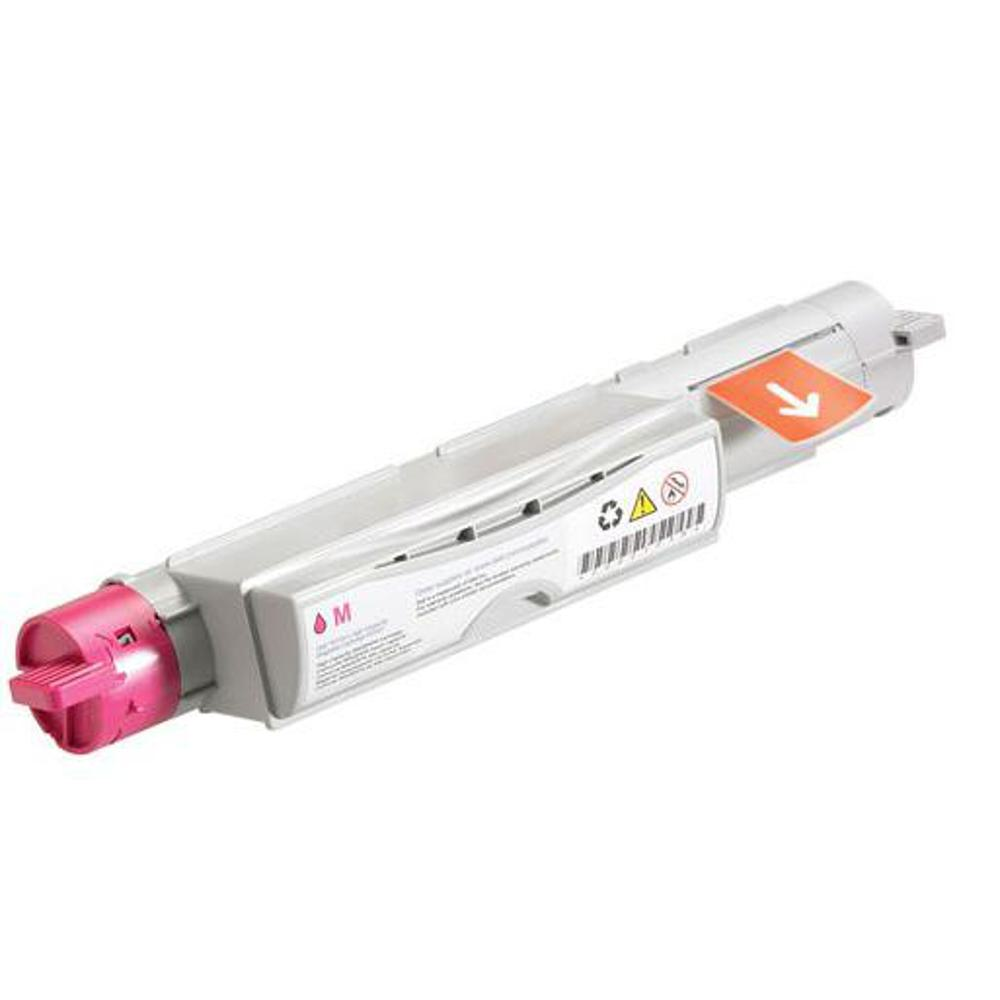 Una cartuccia di toner grigia e rosa. L'estremità rosa è rivolta a sinistra. Un adesivo arancione con una freccia è in alto a destra.