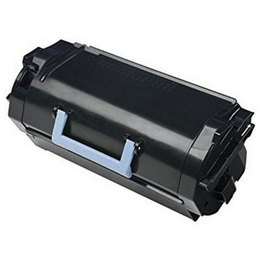 Una cartuccia toner per stampante nera. Ha una maniglia azzurra, di forma rettangolare. Lo sfondo è bianco.