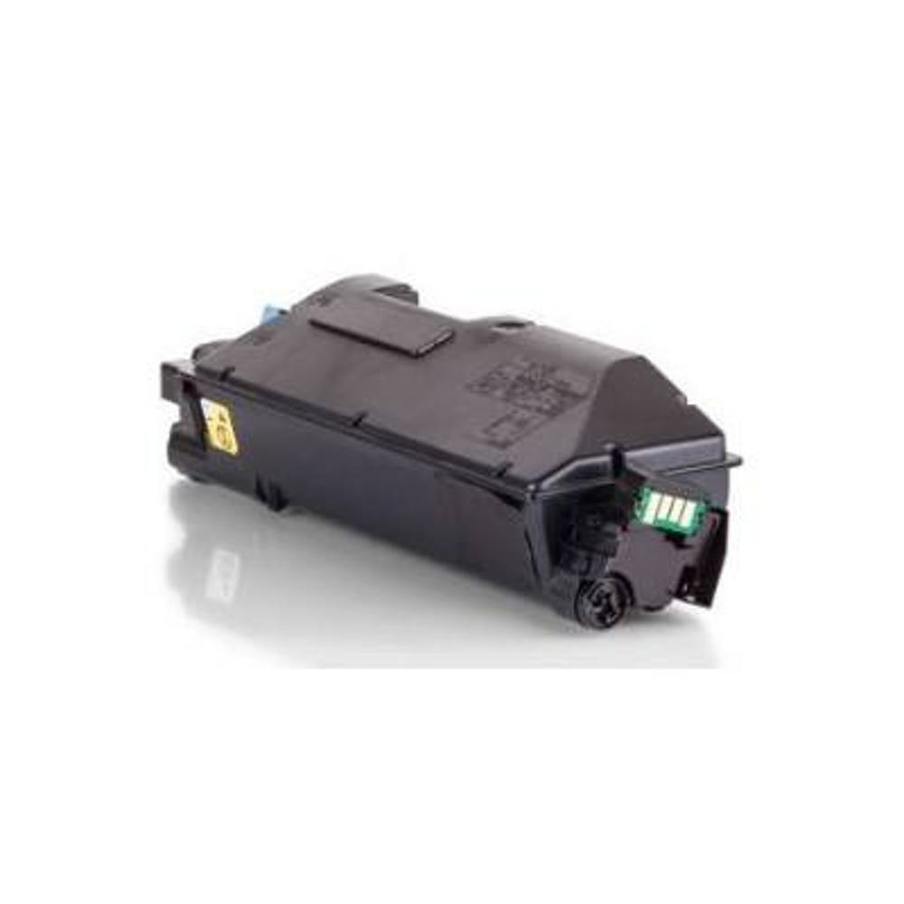 Una cartuccia toner nera su sfondo bianco. Ha una forma complessa con un circuito stampato verde e adesivi gialli.