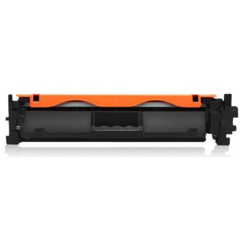 Una cartuccia toner per stampante. Ha una parte superiore arancione e un corpo nero. La cartuccia è su sfondo bianco.