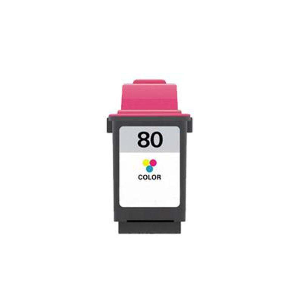 Una cartuccia d'inchiostro magenta e nera. C'è il numero 80 e la parola COLOR. Ci sono punti gialli, magenta e ciano.