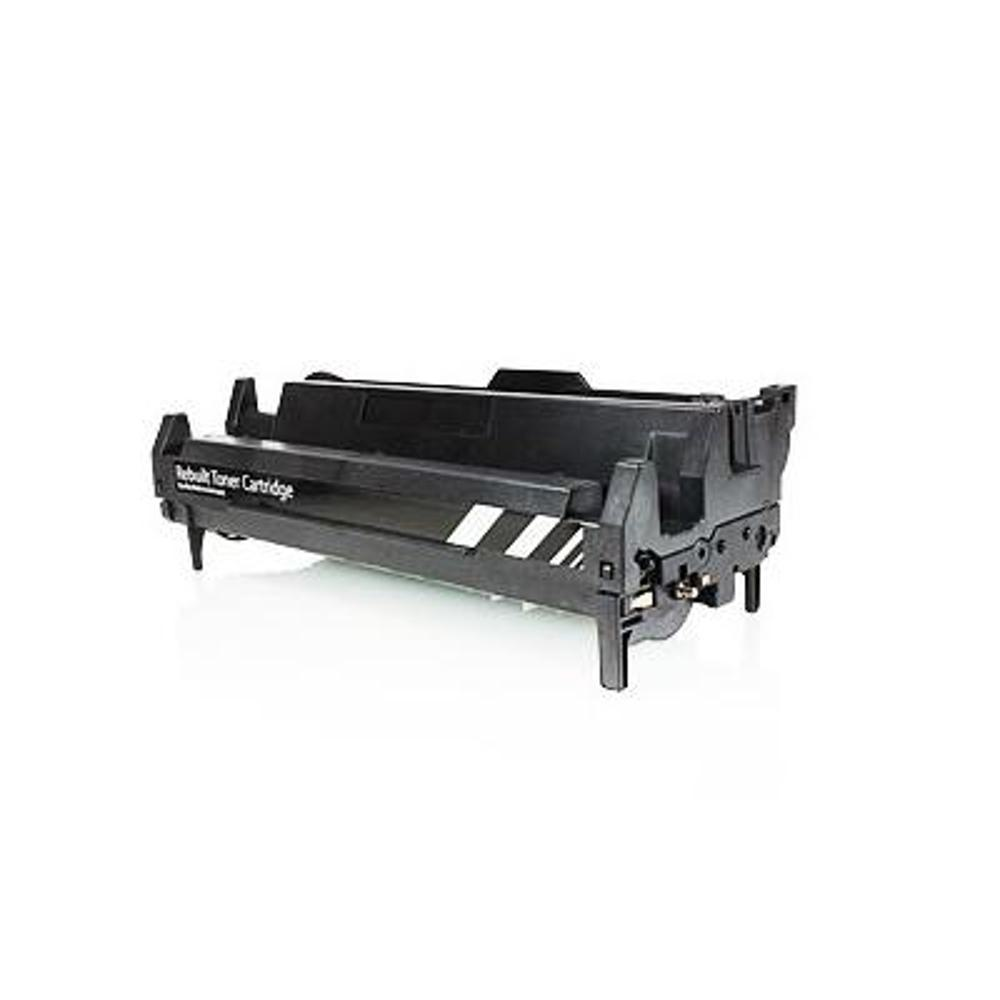 Una cartuccia di toner nera per stampante su sfondo bianco. Ha le parole 'Rebuilt Toner Cartridge'.