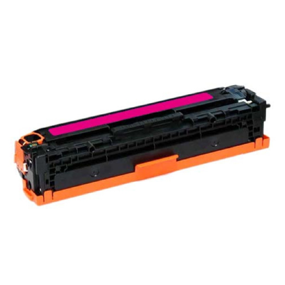 Una cartuccia toner magenta con parti nere e arancioni. La parte magenta è una striscia solida nella parte superiore.