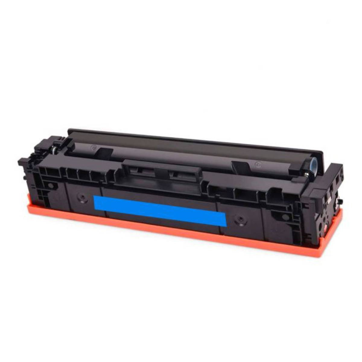 Una cartuccia di toner per stampante nera e arancione con un'etichetta blu al centro. Lo sfondo è bianco.