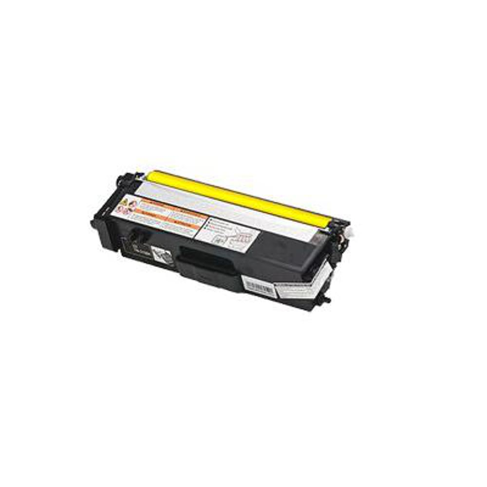 Una cartuccia toner per stampante. È nera con un rullo giallo e un'etichetta argentata sopra. Lo sfondo è bianco.