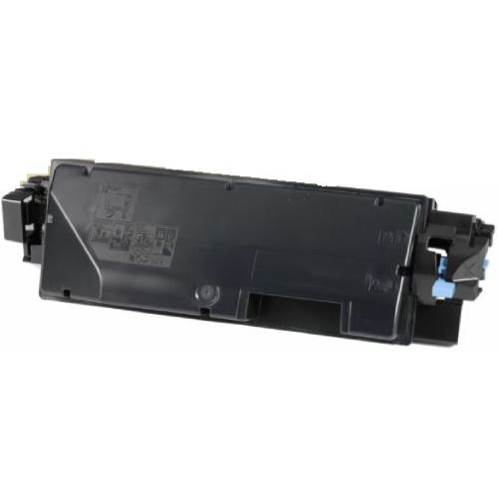Una cartuccia di toner nera per stampante su sfondo bianco. Ha parti blu e nere. Ci sono alcune etichette e un piccolo cerchio.