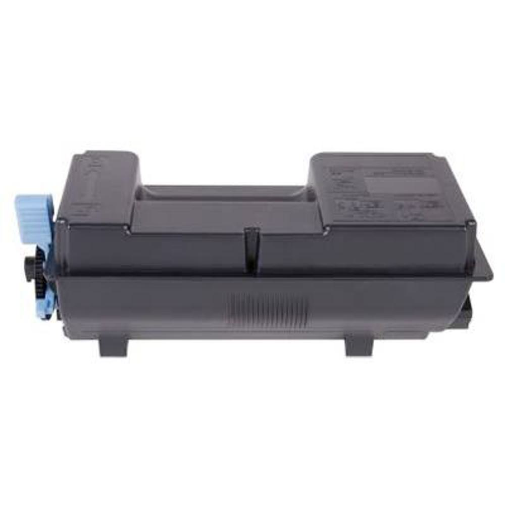 Una cartuccia toner per stampante nera. Ha una leva blu chiaro sul lato sinistro.