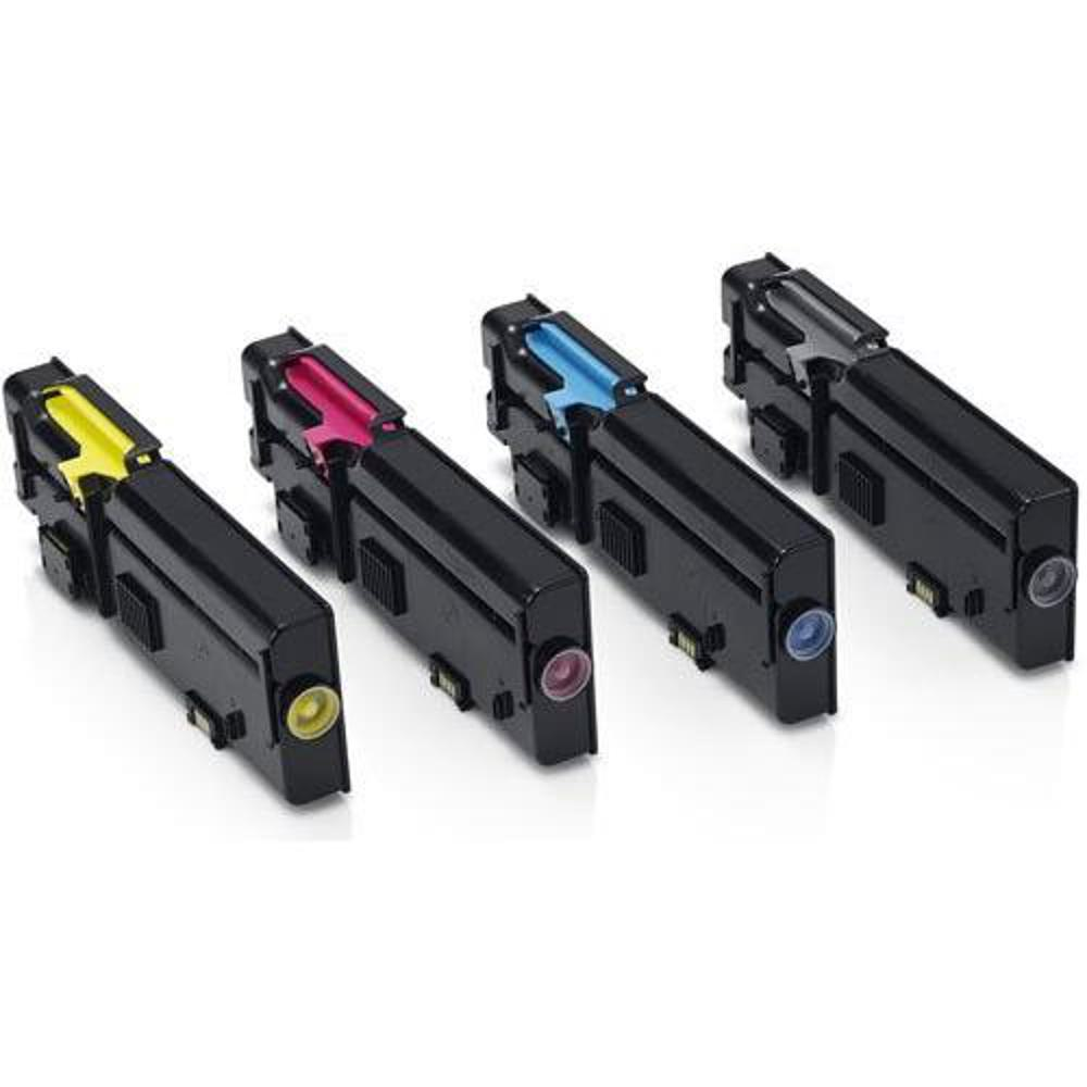 Quattro cartucce toner nere: giallo, magenta, ciano e nero. Ognuna ha un'apertura colorata che indica il colore.