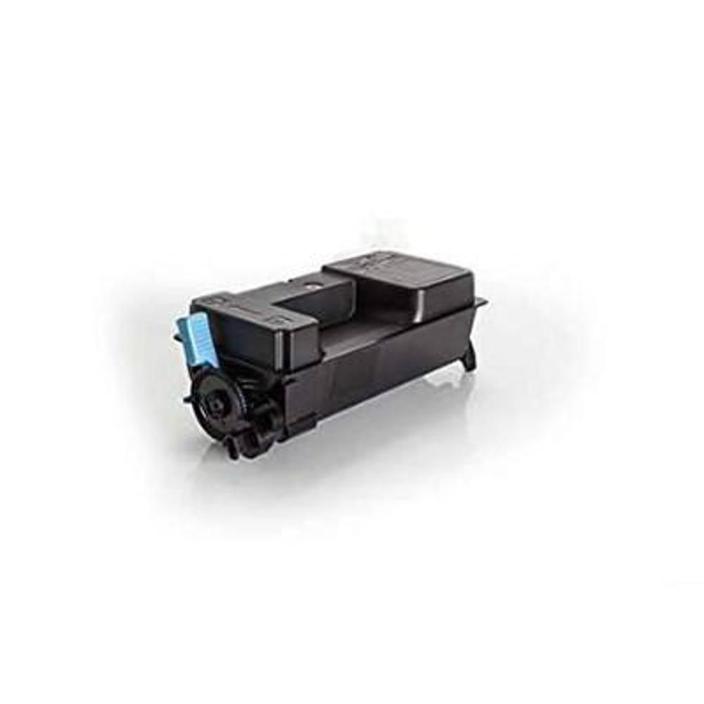 Una cartuccia toner nera con una leva blu. È su uno sfondo bianco.