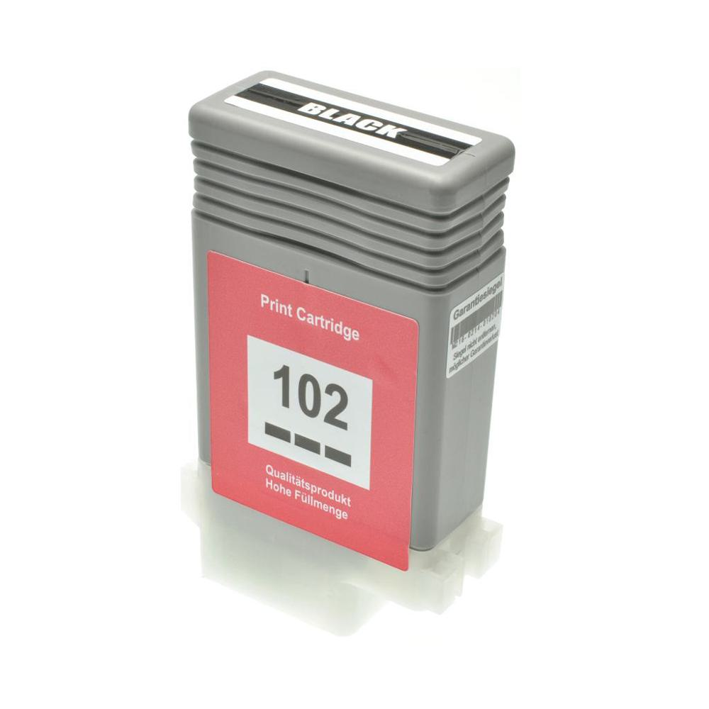 Una cartuccia di stampa grigia con l'etichetta 'BLACK' e '102'. Un adesivo rosso dice 'Print Cartridge' e 'Qualitätsprodukt Hohe Füllmenge'.